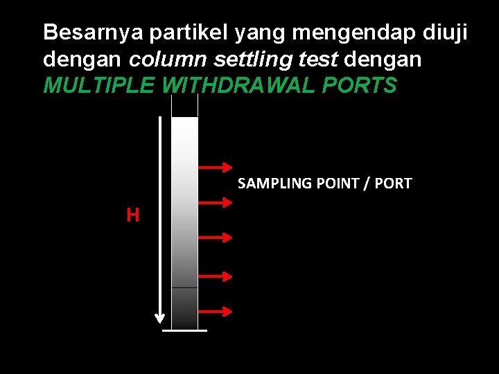 n Besarnya partikel yang mengendap diuji dengan column settling test dengan MULTIPLE WITHDRAWAL PORTS