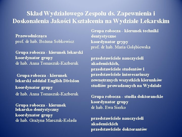 Skład Wydziałowego Zespołu ds. Zapewnienia i Doskonalenia Jakości Kształcenia na Wydziale Lekarskim Przewodnicząca prof.