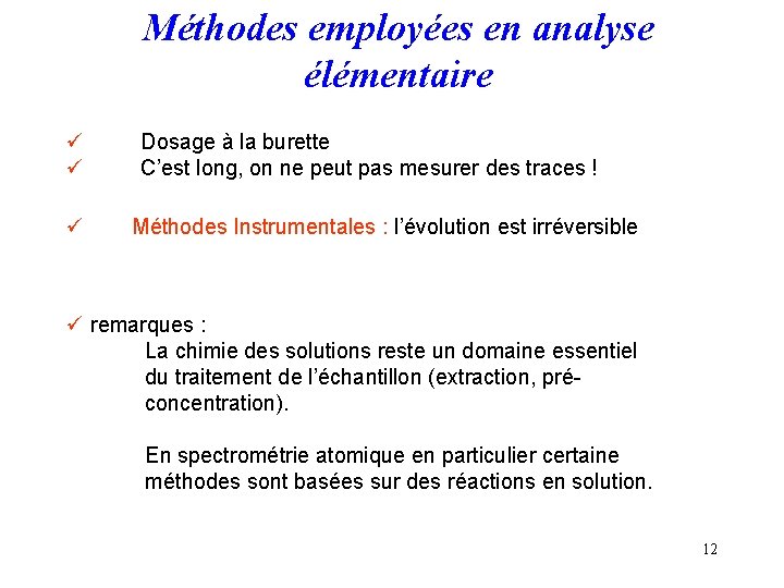 Méthodes employées en analyse élémentaire ü ü ü Dosage à la burette C’est long,