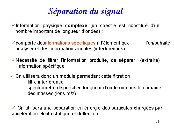 Séparation du signal üInformation physique complexe (un spectre est constitué d’un nombre important de