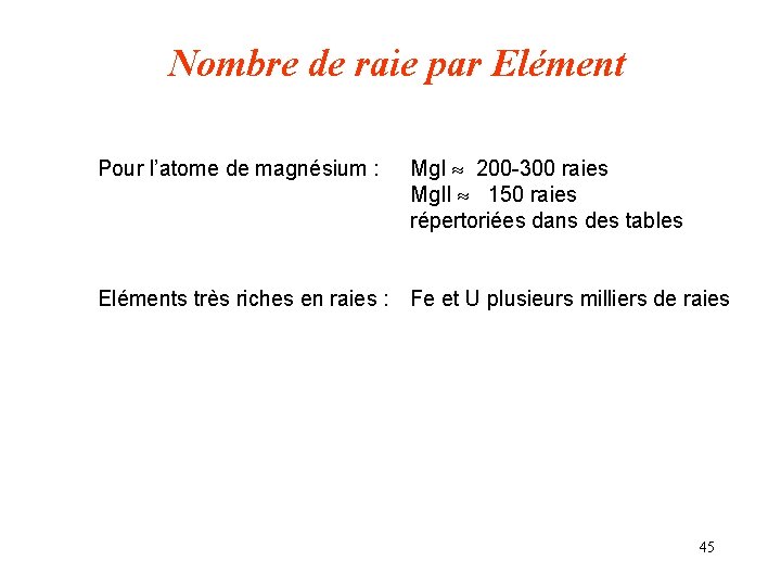 Nombre de raie par Elément Pour l’atome de magnésium : Mg. I 200 -300