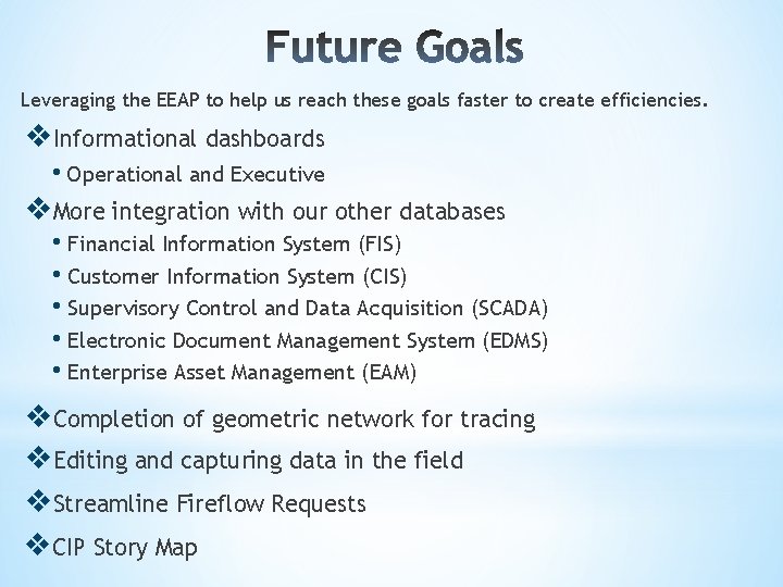 Leveraging the EEAP to help us reach these goals faster to create efficiencies. v.