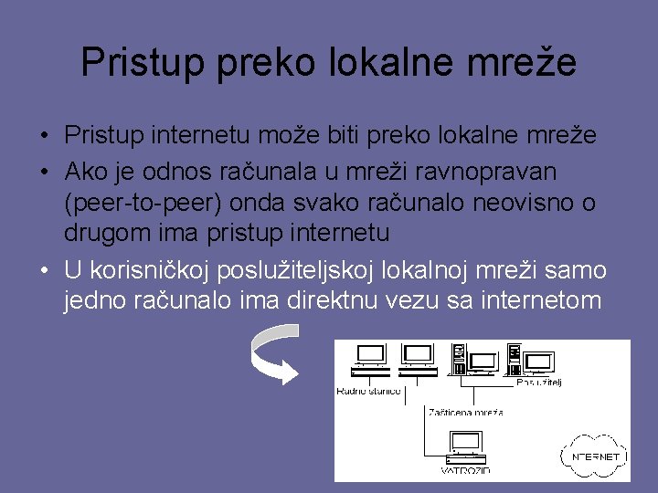 Pristup preko lokalne mreže • Pristup internetu može biti preko lokalne mreže • Ako