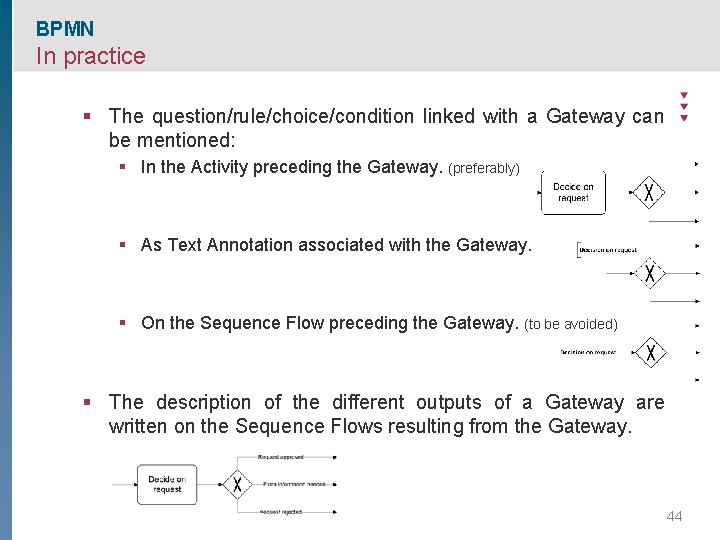 BPMN In practice § The question/rule/choice/condition linked with a Gateway can be mentioned: §