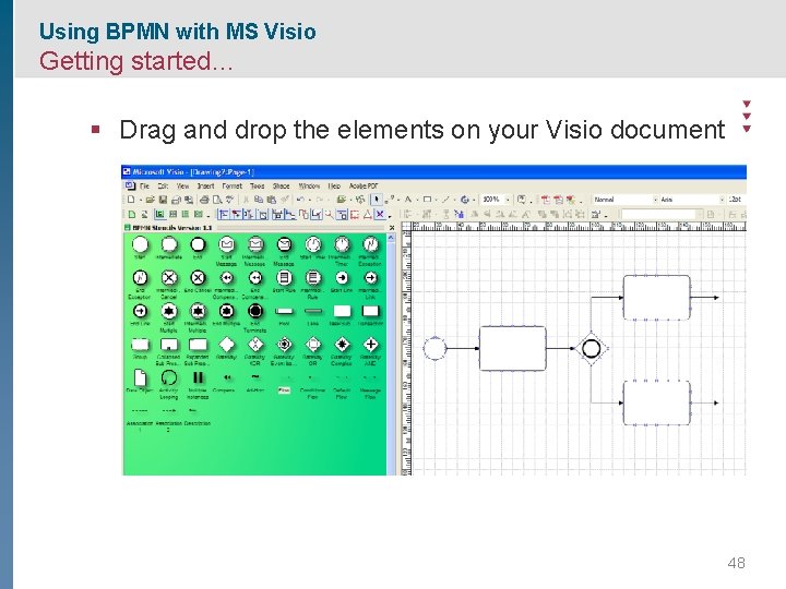 Using BPMN with MS Visio Getting started… § Drag and drop the elements on