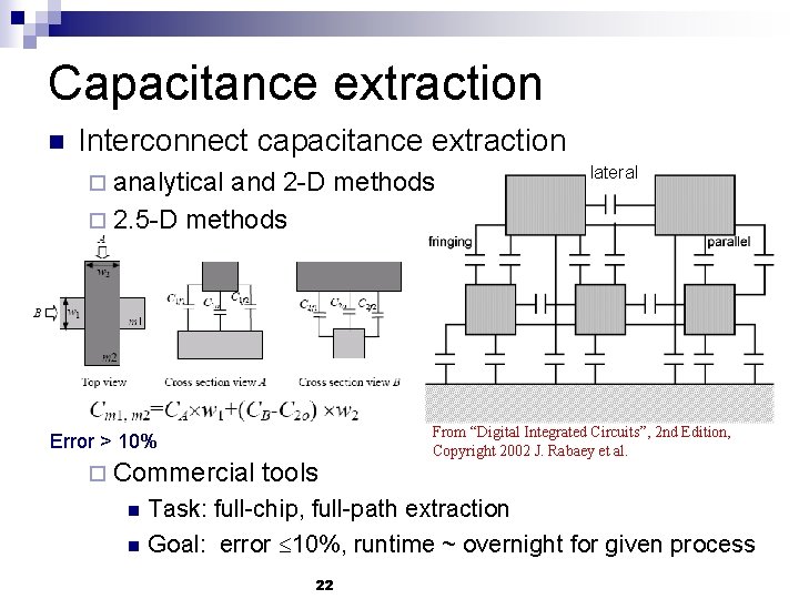 Capacitance extraction n Interconnect capacitance extraction ¨ analytical and 2 -D methods ¨ 2.