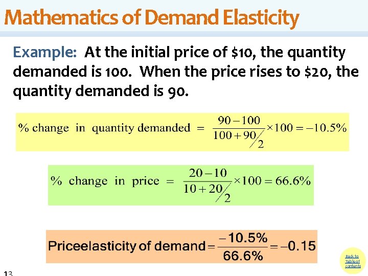 Mathematics of Demand Elasticity Example: At the initial price of $10, the quantity demanded Mathematics of Demand Elasticity Example: At the initial price of $10, the quantity demanded