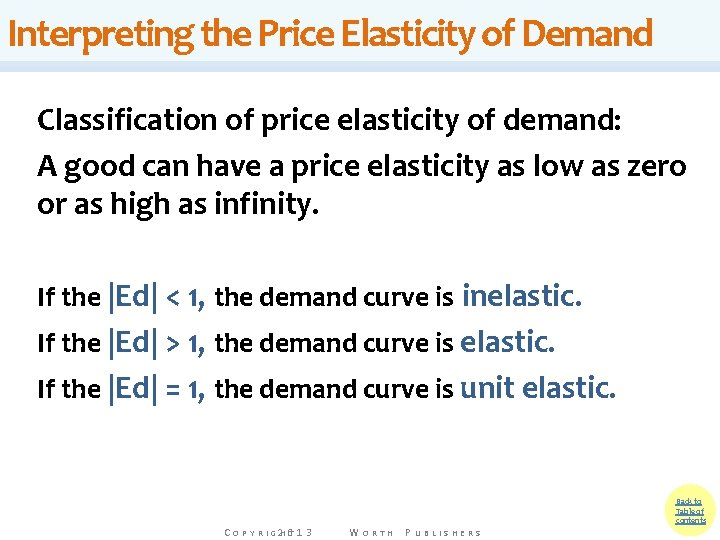 Interpreting the Price Elasticity of Demand Classification of price elasticity of demand: A good Interpreting the Price Elasticity of Demand Classification of price elasticity of demand: A good