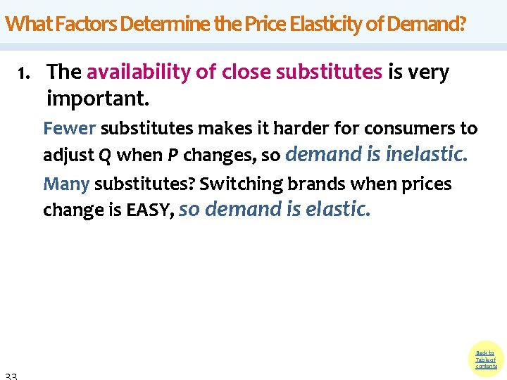 What Factors Determine the Price Elasticity of Demand? 1. The availability of close substitutes What Factors Determine the Price Elasticity of Demand? 1. The availability of close substitutes