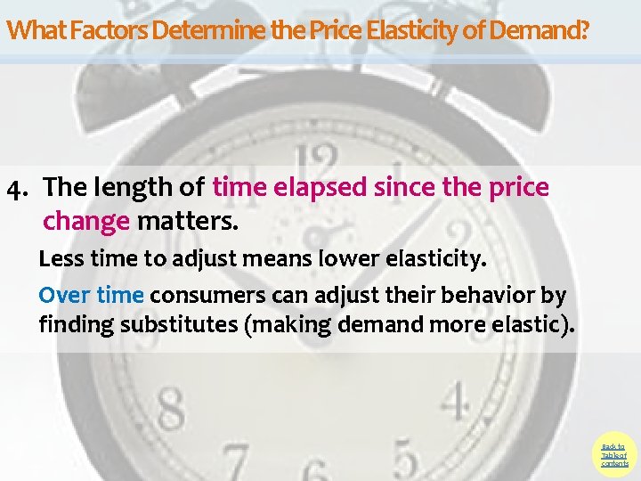 What Factors Determine the Price Elasticity of Demand? 4. The length of time elapsed What Factors Determine the Price Elasticity of Demand? 4. The length of time elapsed