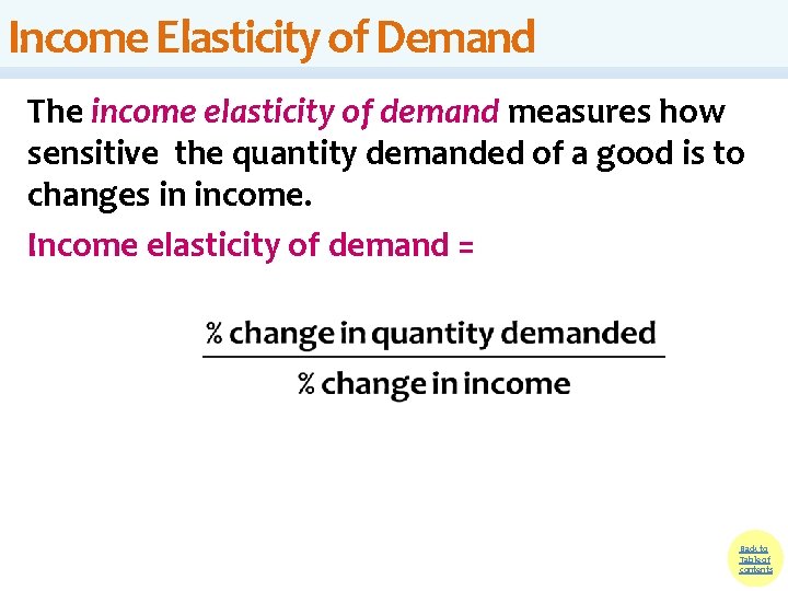 Income Elasticity of Demand The income elasticity of demand measures how sensitive the quantity Income Elasticity of Demand The income elasticity of demand measures how sensitive the quantity
