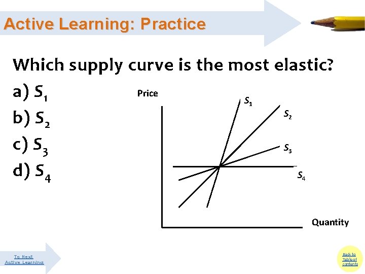 Active Learning: Practice Which supply curve is the most elastic? Price a) S 1 Active Learning: Practice Which supply curve is the most elastic? Price a) S 1