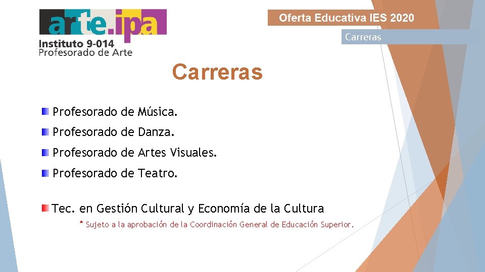 Carreras Profesorado de Música. Profesorado de Danza. Profesorado de Artes Visuales. Profesorado de Teatro.