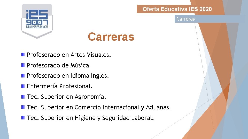 Carreras Profesorado en Artes Visuales. Profesorado de Música. Profesorado en Idioma Inglés. Enfermería Profesional.