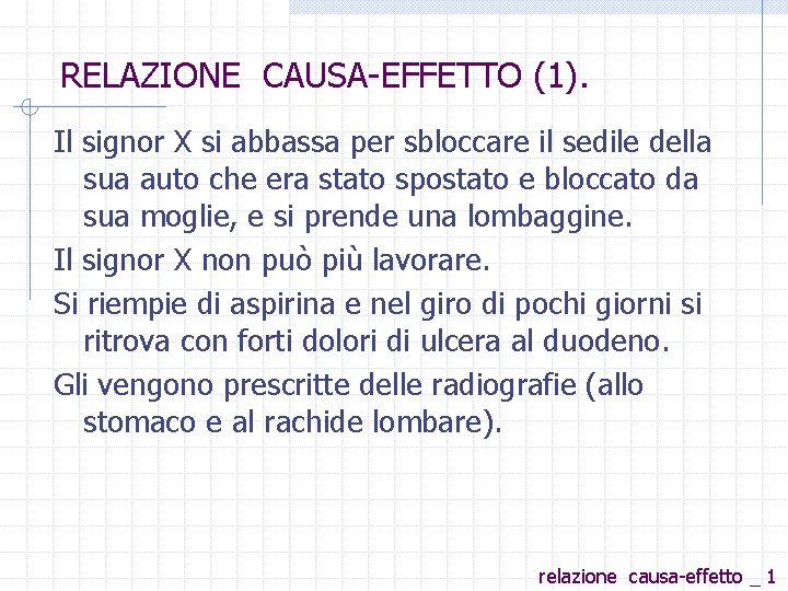 RELAZIONE CAUSA EFFETTO (1). Il signor X si abbassa per sbloccare il sedile della