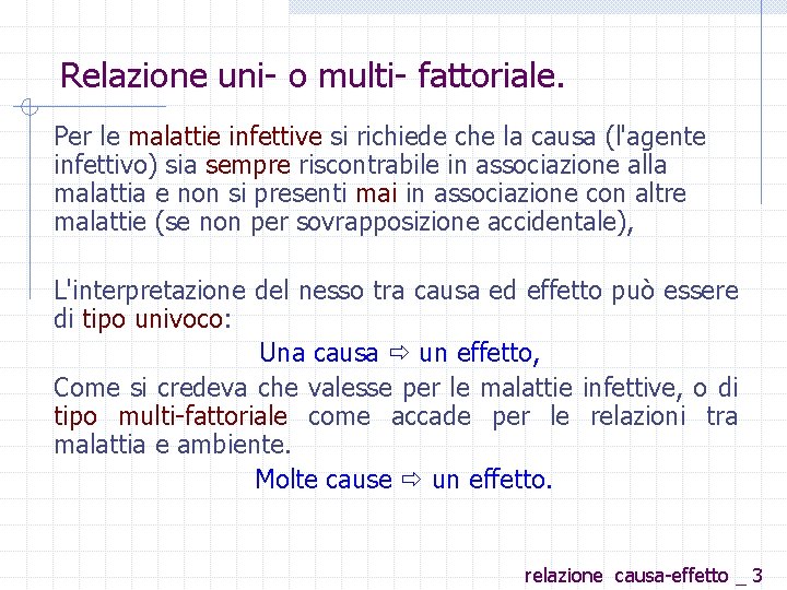 Relazione uni o multi fattoriale. Per le malattie infettive si richiede che la causa