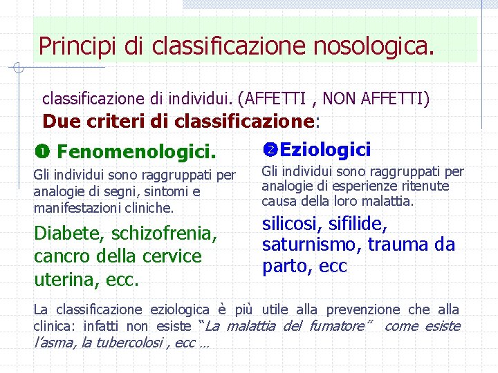 Principi di classificazione nosologica. classificazione di individui. (AFFETTI , NON AFFETTI) Due criteri di