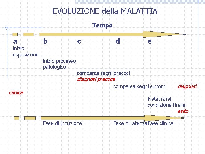 EVOLUZIONE della MALATTIA Tempo a inizio esposizione b c d e inizio processo patologico