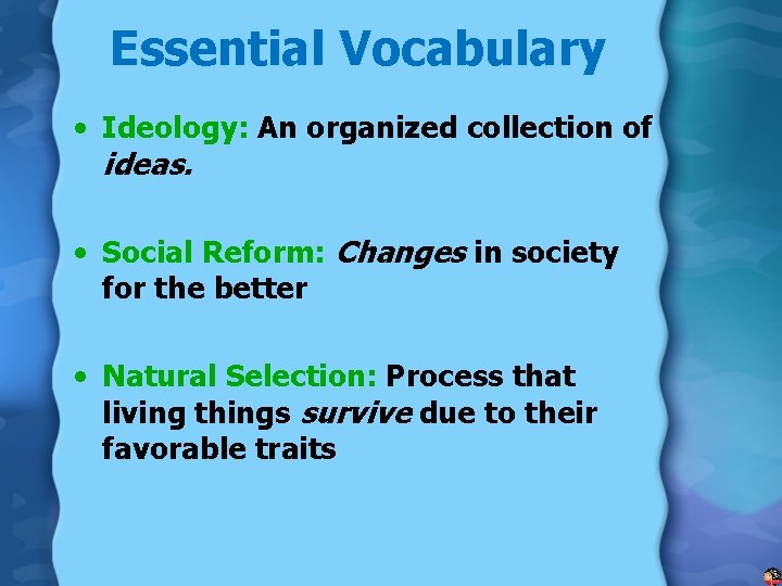 Essential Vocabulary • Ideology: An organized collection of ideas. • Social Reform: Changes in