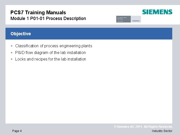 PCS 7 Training Manuals Module 1 P 01 -01 Process Description Objective § Classification