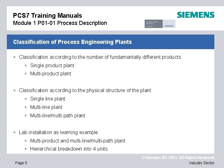 PCS 7 Training Manuals Module 1 P 01 -01 Process Description Classification of Process