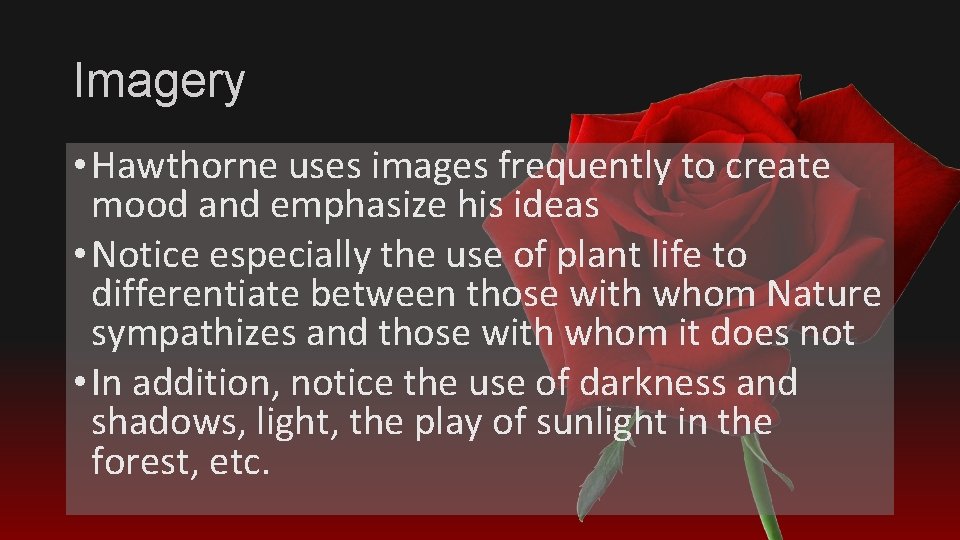 Imagery • Hawthorne uses images frequently to create mood and emphasize his ideas •