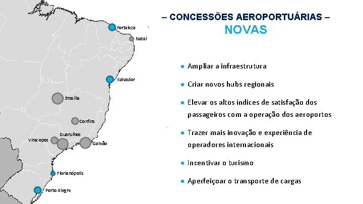 – CONCESSÕES AEROPORTUÁRIAS – Fortaleza Natal NOVAS • Ampliar a infraestrutura Salvador Brasília Confins