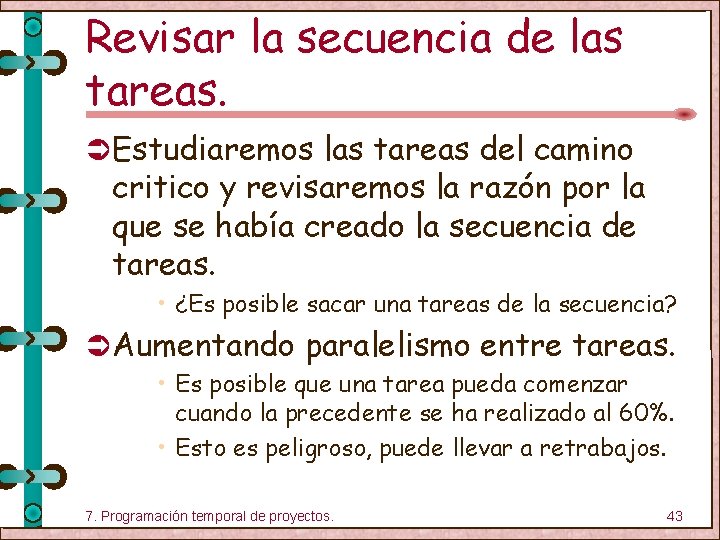 Revisar la secuencia de las tareas. Ü Estudiaremos las tareas del camino critico y