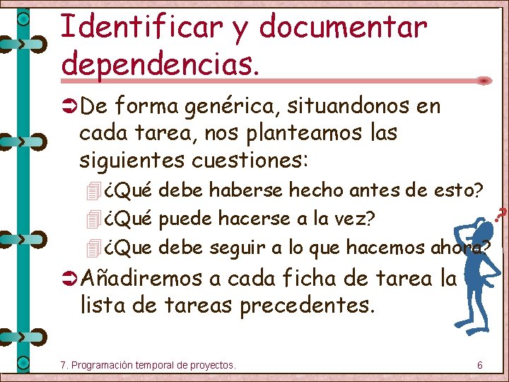 Identificar y documentar dependencias. Ü De forma genérica, situandonos en cada tarea, nos planteamos