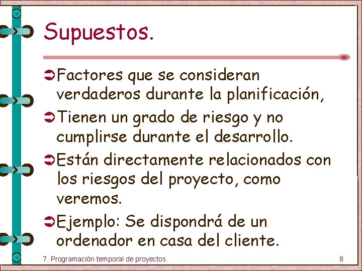 Supuestos. Ü Factores que se consideran verdaderos durante la planificación, Ü Tienen un grado