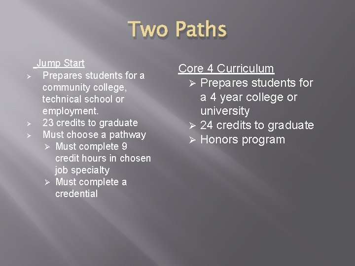 Two Paths Ø Ø Ø Jump Start Prepares students for a community college, technical