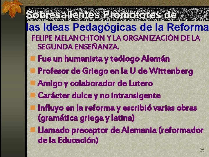 Sobresalientes Promotores de las Ideas Pedagógicas de la Reforma FELIPE MELANCHTON Y LA ORGANIZACIÓN