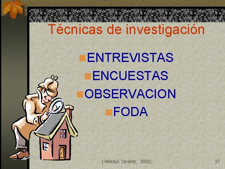 Técnicas de investigación n ENTREVISTAS n ENCUESTAS n OBSERVACION n FODA ( Miledys Tavárez,