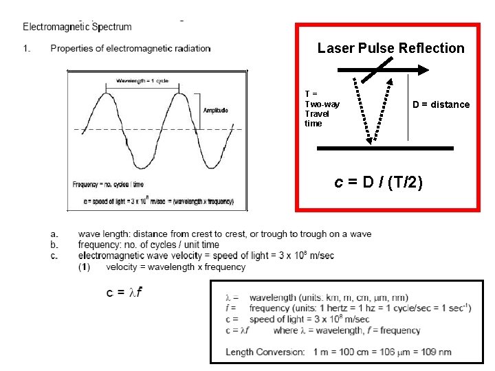 Laser Pulse Reflection T= Two-way Travel time D = distance c = D /