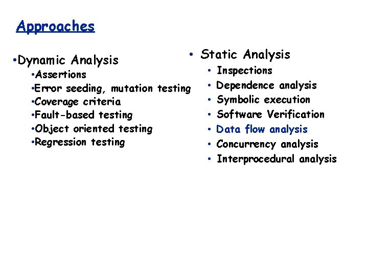 Approaches • Dynamic Analysis • Static Analysis • Assertions • Error seeding, mutation testing