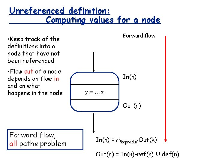 Unreferenced definition: Computing values for a node Forward flow • Keep track of the