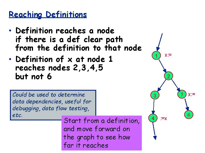 Reaching Definitions • Definition reaches a node if there is a def clear path