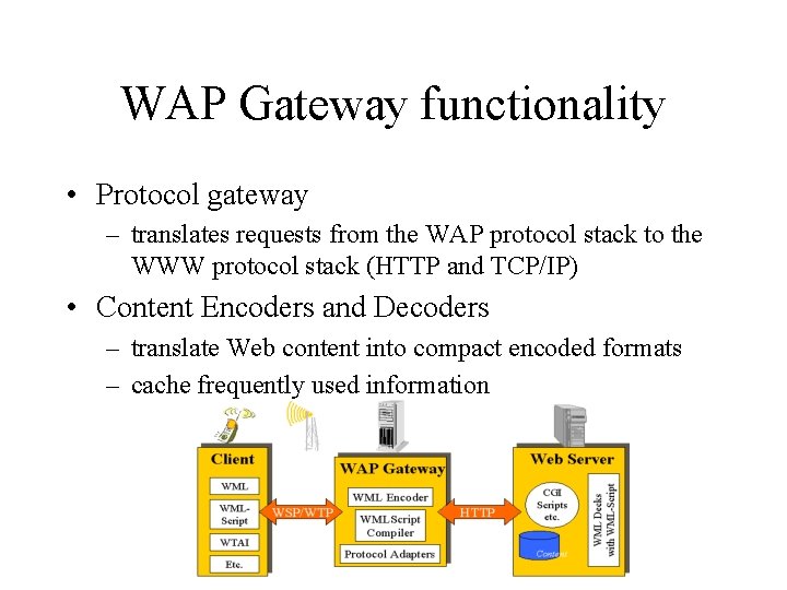 WAP Gateway functionality • Protocol gateway – translates requests from the WAP protocol stack