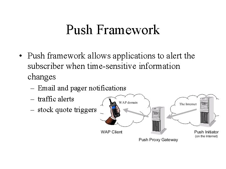 Push Framework • Push framework allows applications to alert the subscriber when time-sensitive information