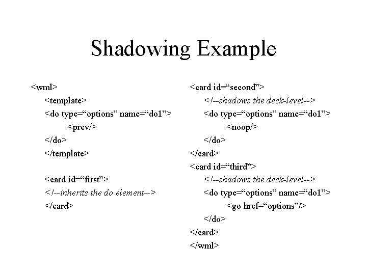 Shadowing Example <wml> <template> <do type=“options” name=“do 1”> <prev/> </do> </template> <card id=“first”> <!--inherits