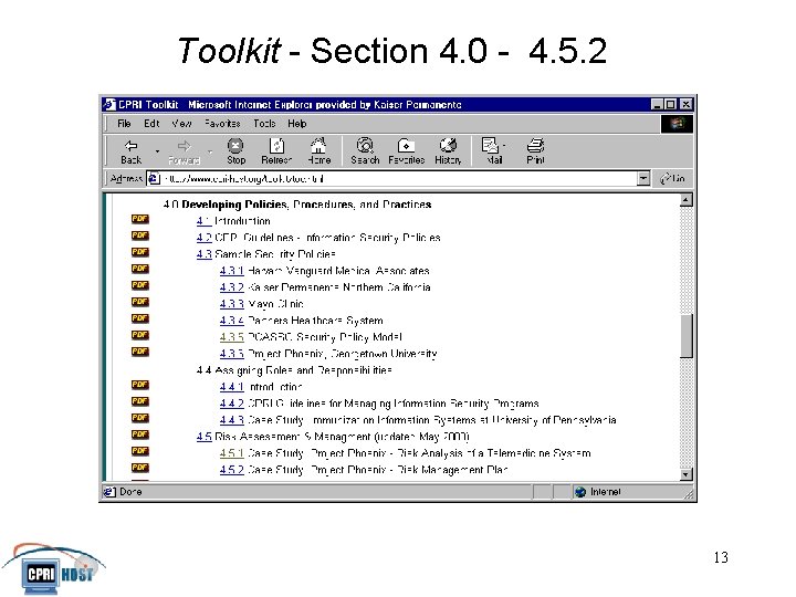 Toolkit - Section 4. 0 - 4. 5. 2 JHITA November, 2001 13 