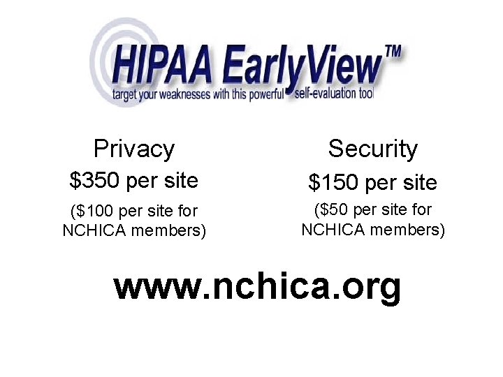 Privacy Security $350 per site $150 per site ($100 per site for NCHICA members)