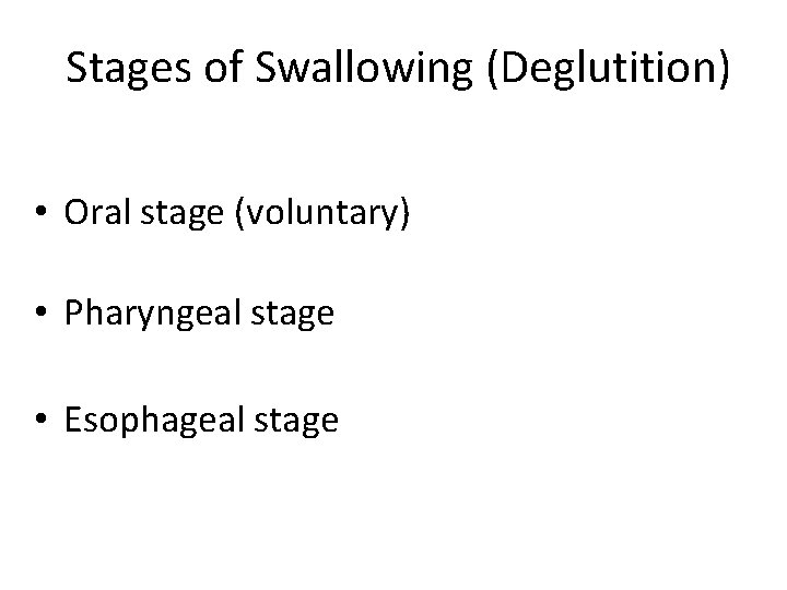 Stages of Swallowing (Deglutition) • Oral stage (voluntary) • Pharyngeal stage • Esophageal stage