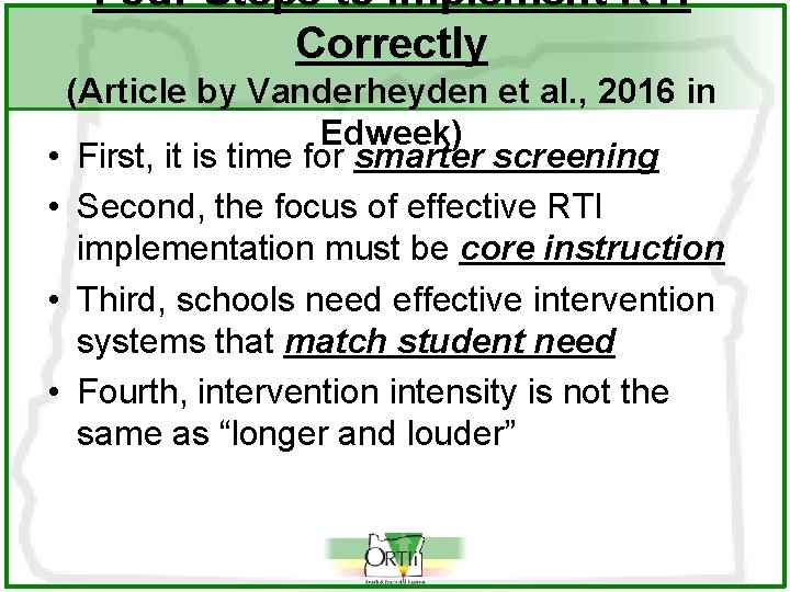 Four Steps to Implement RTI Correctly (Article by Vanderheyden et al. , 2016 in