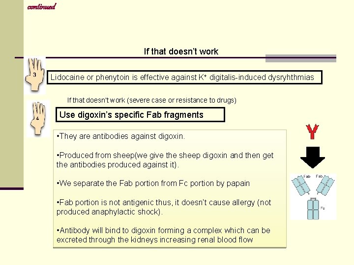 continued If that doesn’t work Lidocaine or phenytoin is effective against K+ digitalis-induced dysryhthmias continued If that doesn’t work Lidocaine or phenytoin is effective against K+ digitalis-induced dysryhthmias