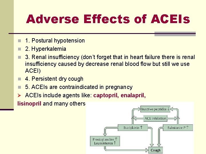 Adverse Effects of ACEIs n 1. Postural hypotension n 2. Hyperkalemia n 3. Renal Adverse Effects of ACEIs n 1. Postural hypotension n 2. Hyperkalemia n 3. Renal