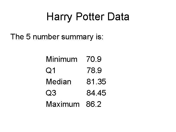 Harry Potter Data The 5 number summary is: Minimum Q 1 Median Q 3
