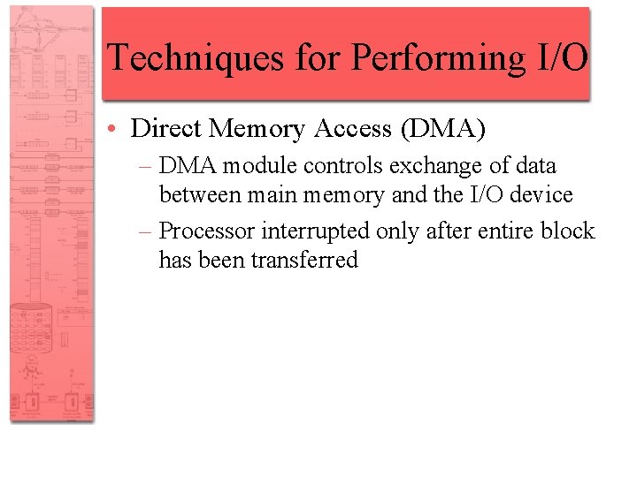 Techniques for Performing I/O • Direct Memory Access (DMA) – DMA module controls exchange