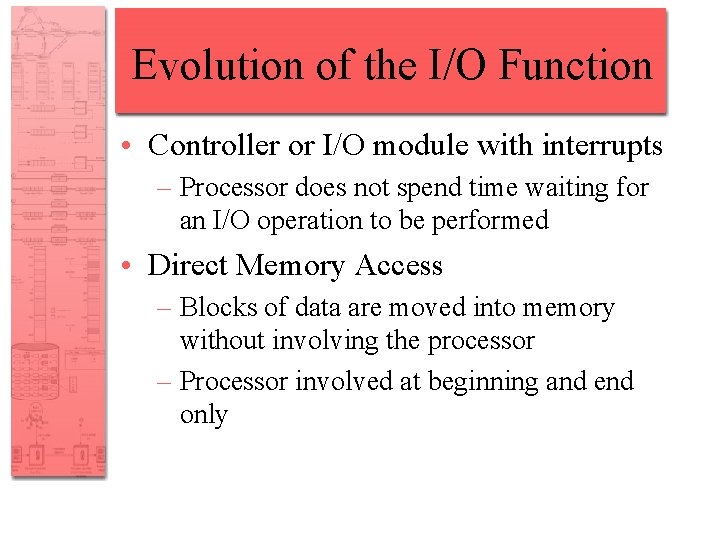 Evolution of the I/O Function • Controller or I/O module with interrupts – Processor