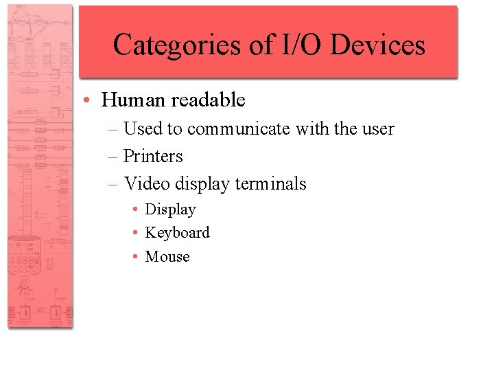 Categories of I/O Devices • Human readable – Used to communicate with the user